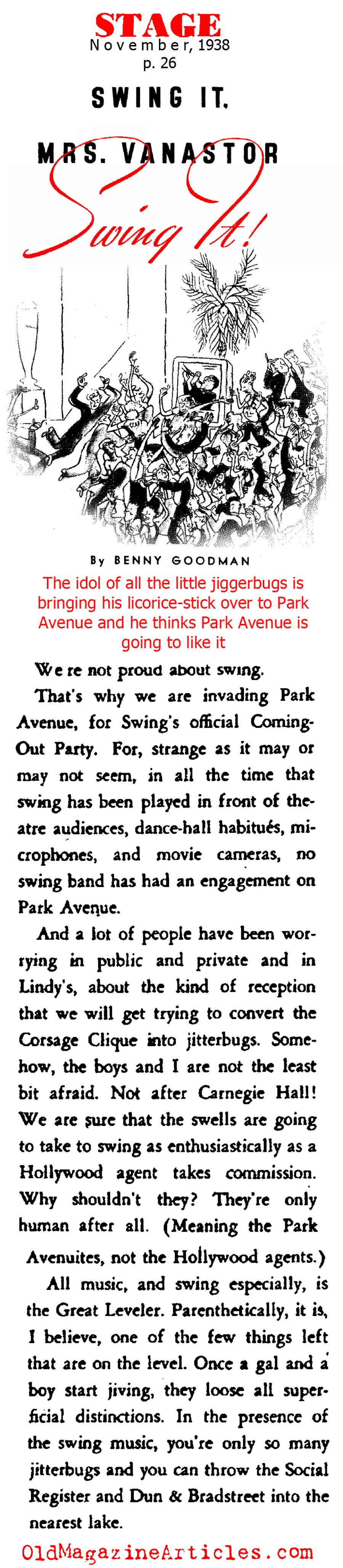Benny Goodman, The King of Swing, on Park Avenue  (Stage Magazine, 1938)
