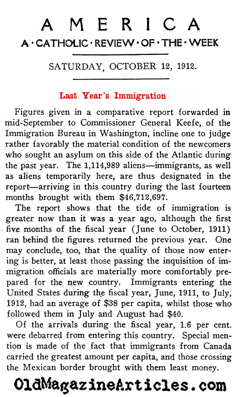 A Fiscal Report on the Immigrants of 1911   (America Magazine, 1912)