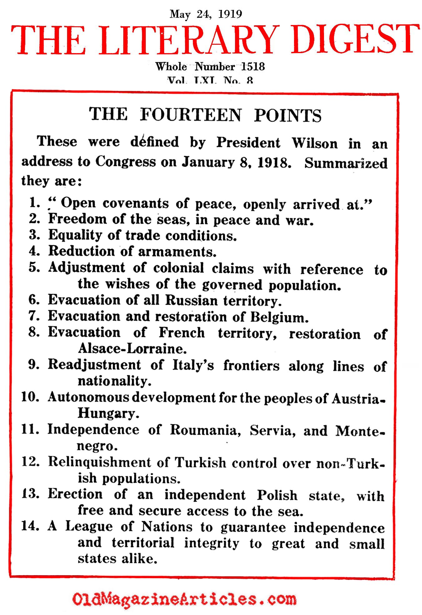 Wilson's Fourteen Points    (Literary Digest, 1919)