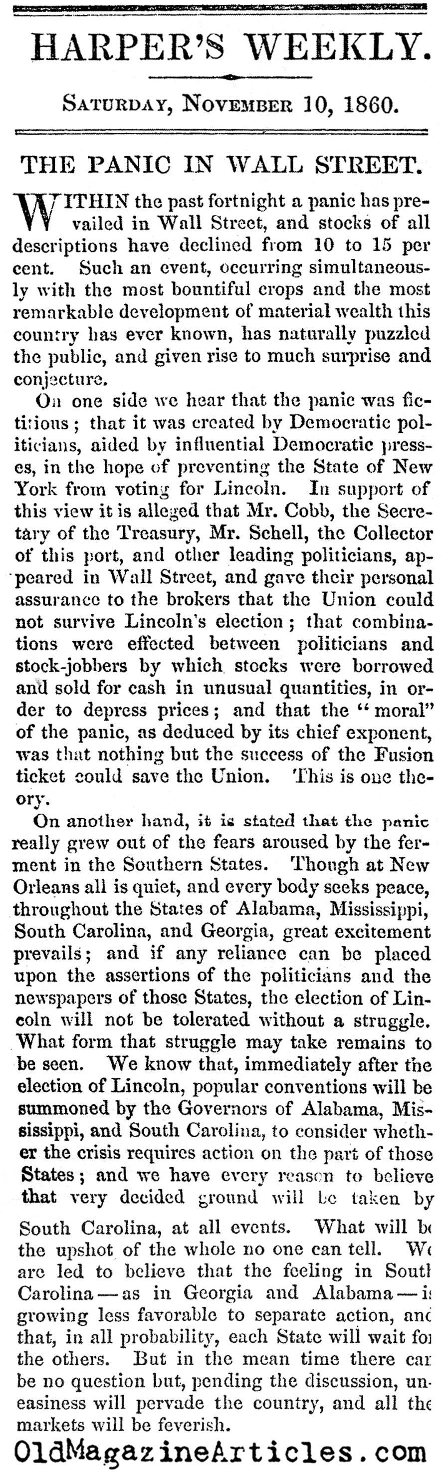 Lincoln is Elected and the Markets Tank (Harper's Weekly, 1860)