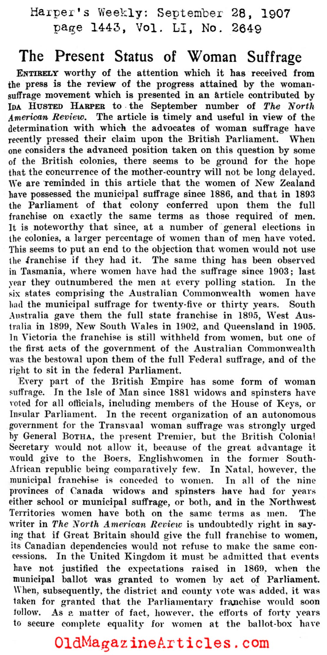 The State of  Women's Suffrage in 1907      (Harper's Weekly, 1907)