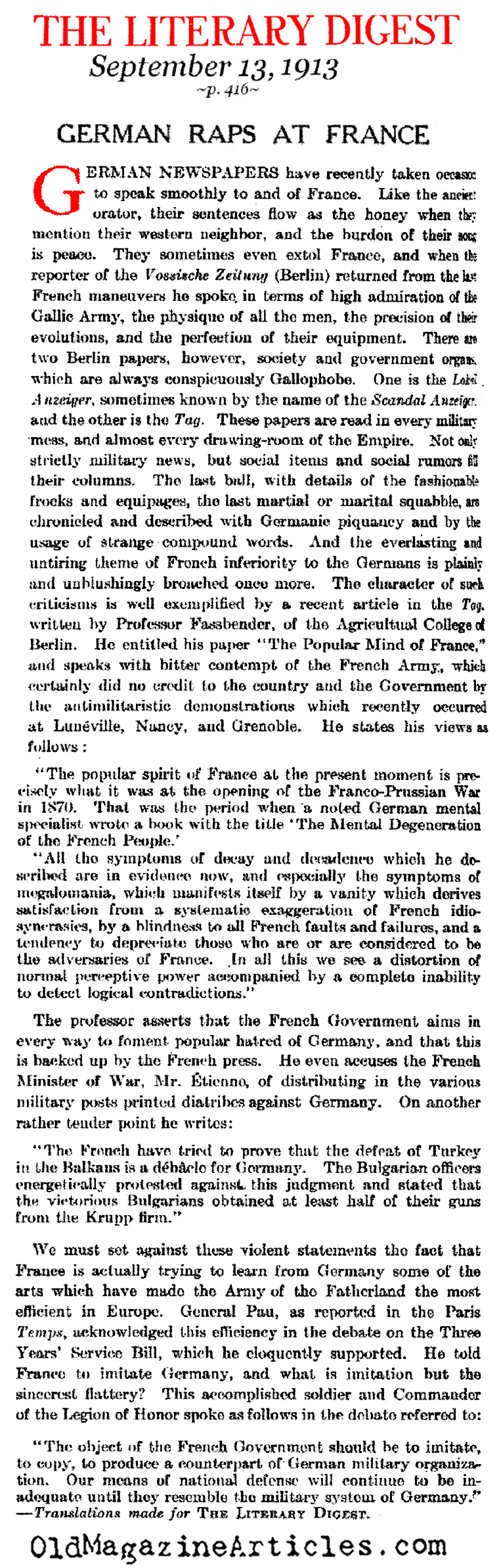 French Insecurity in the Face of German Might (Literary Digest, 1913)