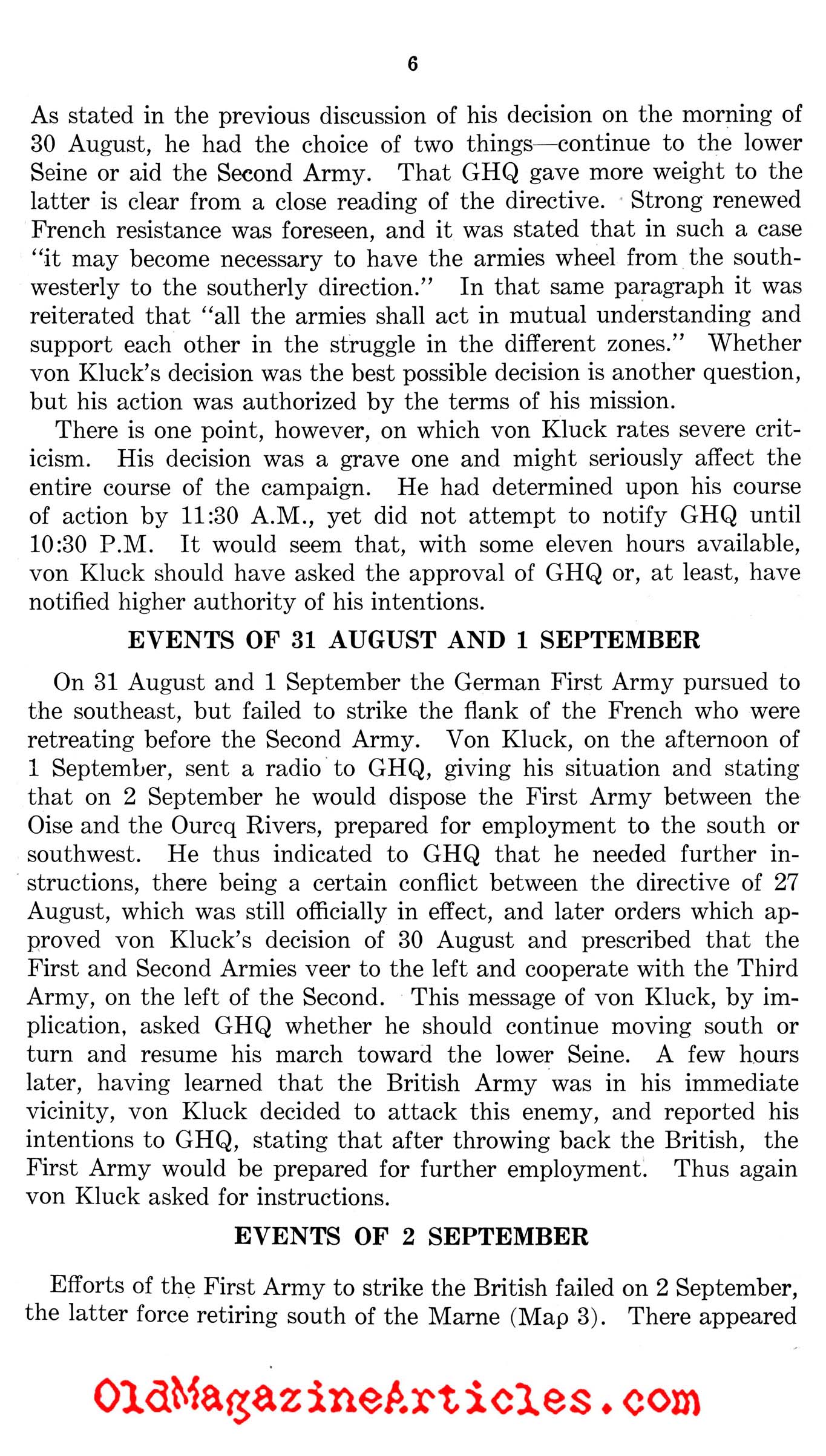 Von Kluck's Drive on Paris (West Point Supplement, 1944)