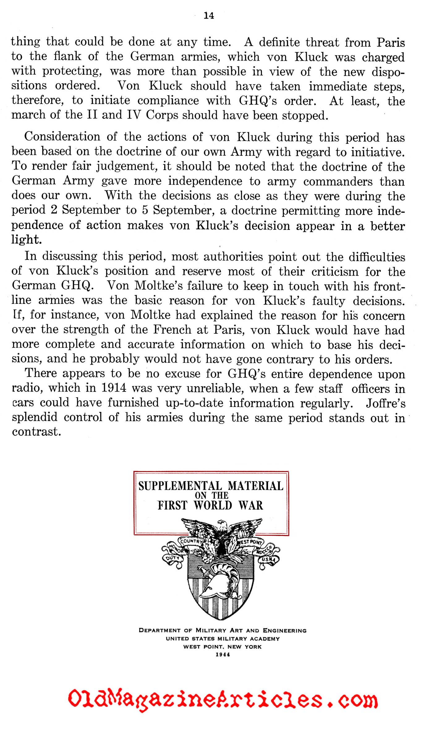 Von Kluck's Drive on Paris (West Point Supplement, 1944)