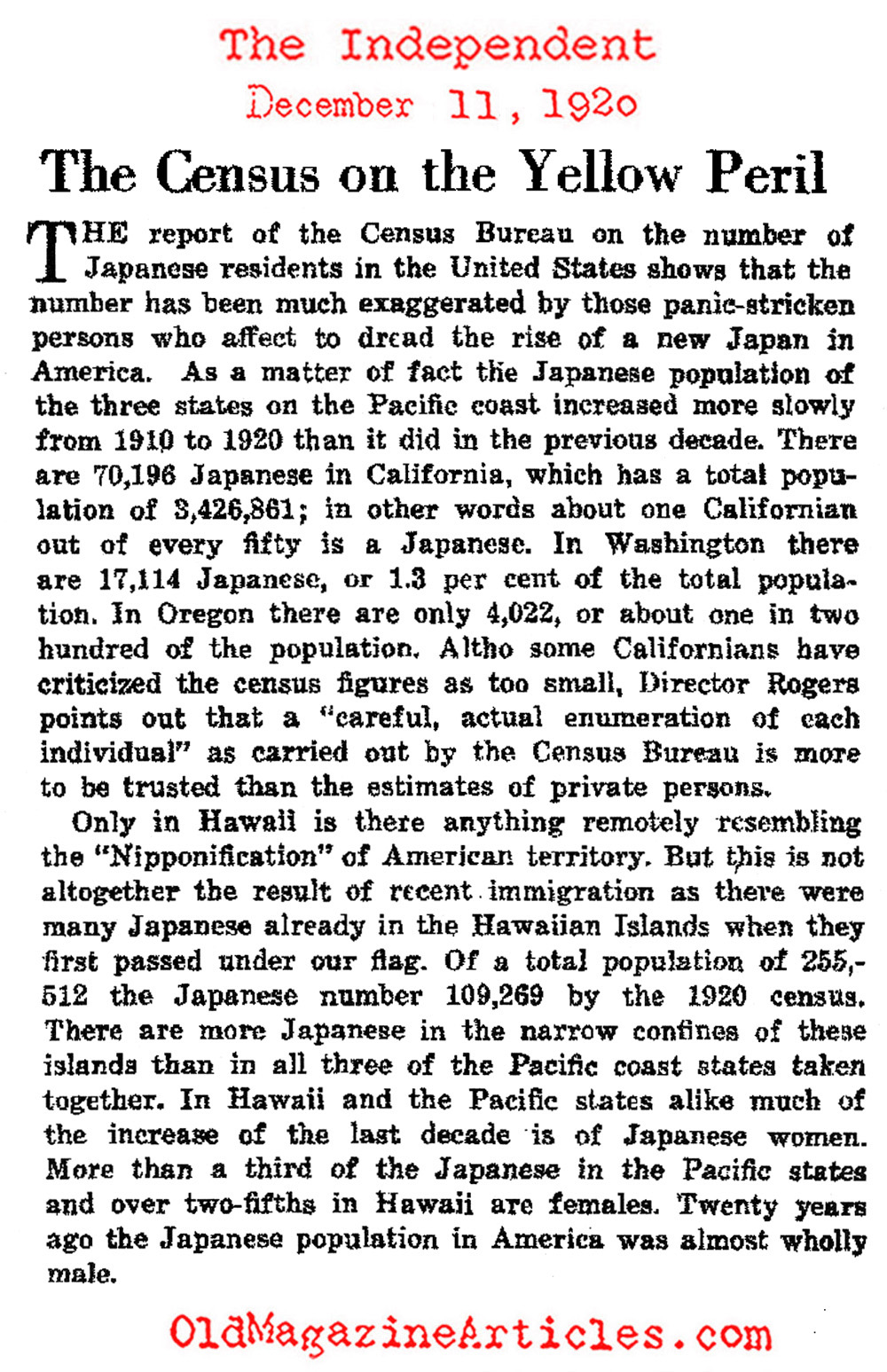 The Fear of the 'Nipponification' (The Independent, 1920)