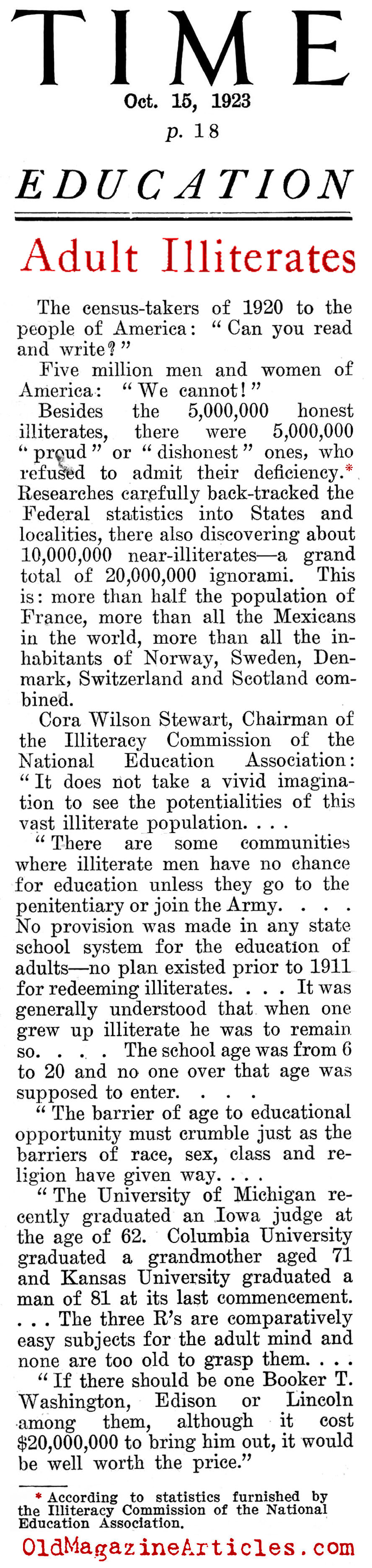 American Illiteracy in 1920 (Time Magazine, 1923)