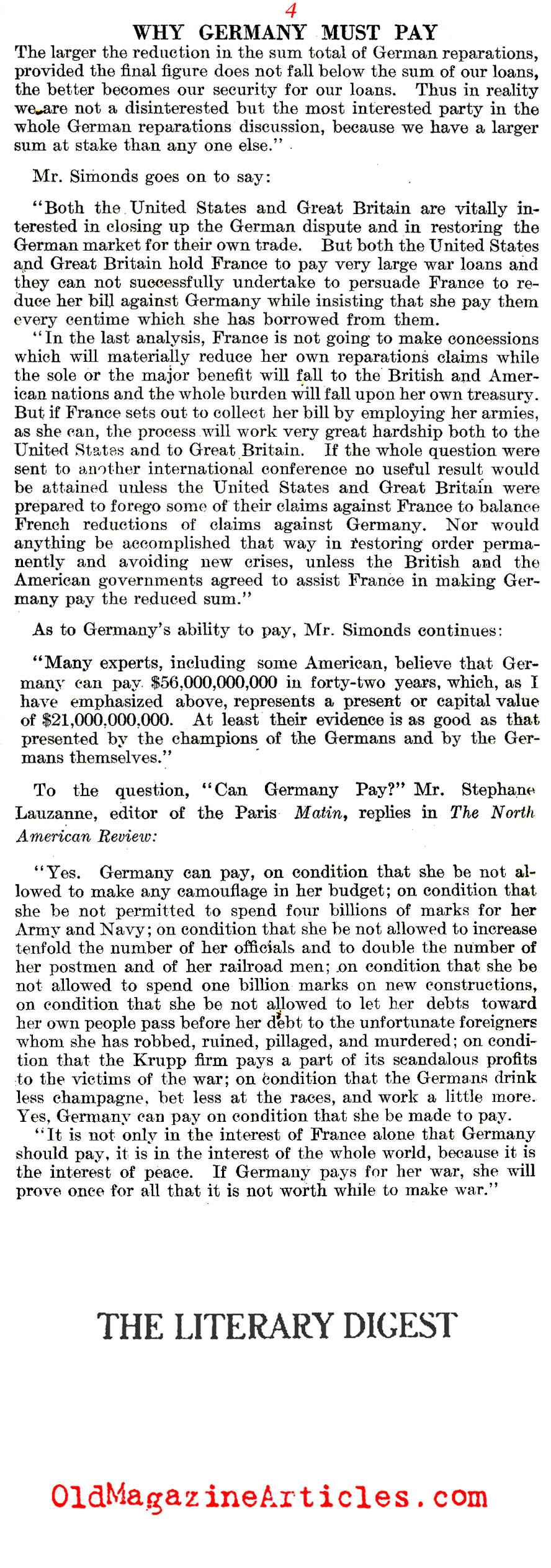 ''Why Germany Must Pay'' (The Literary Digest, 1921)