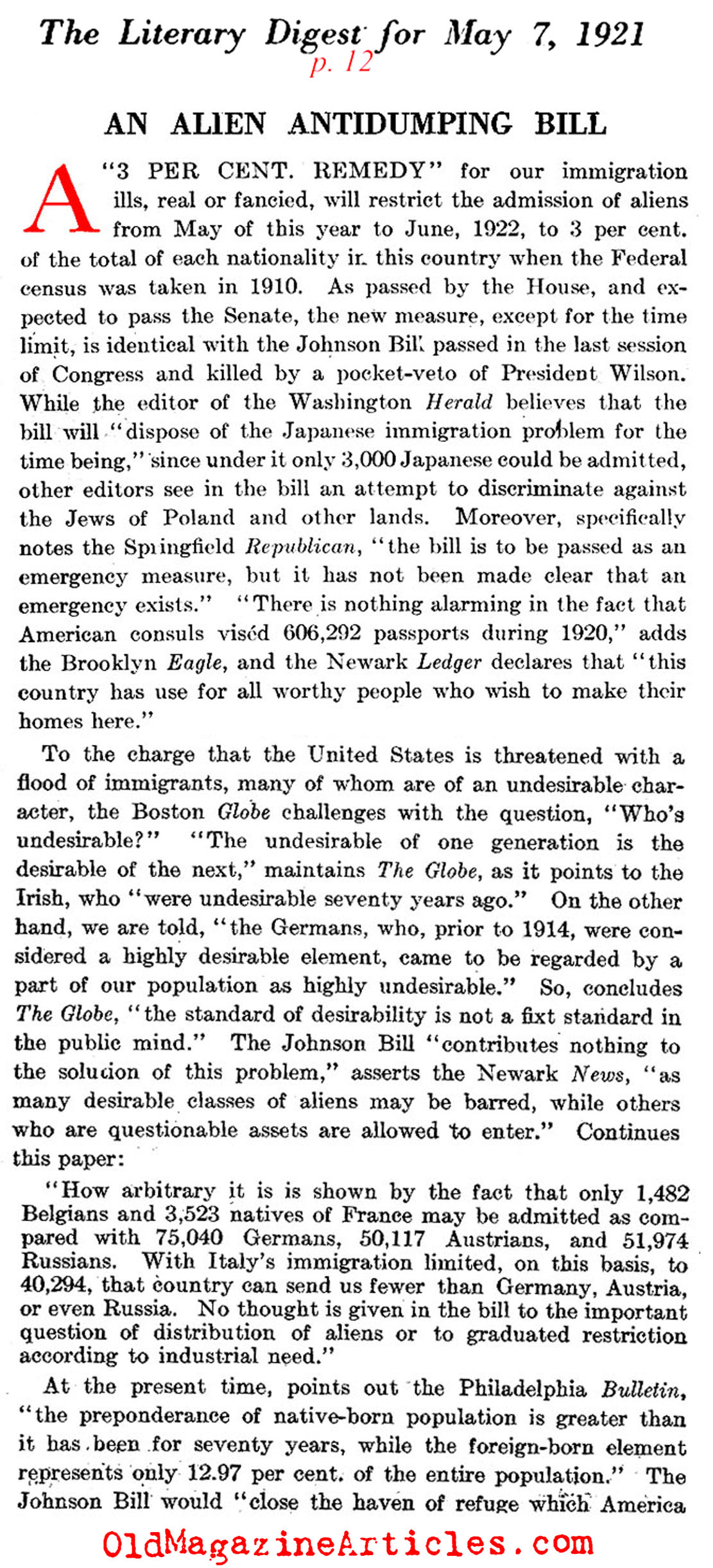 An Alien Anti-Dumping Bill (Literary Digest, 1921)