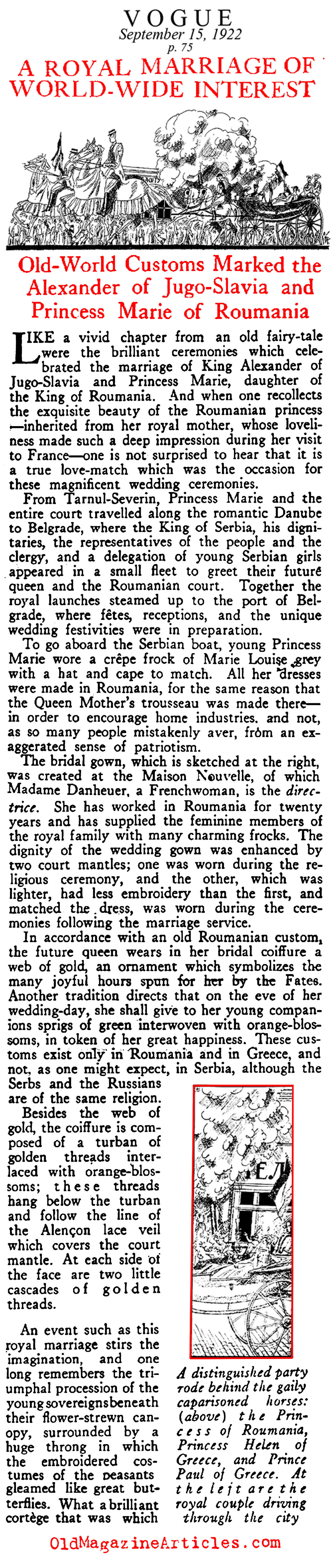 Alexander of Yugoslavia Joined in Marriage to Marie of Romania (Vogue Magazine, 1922)