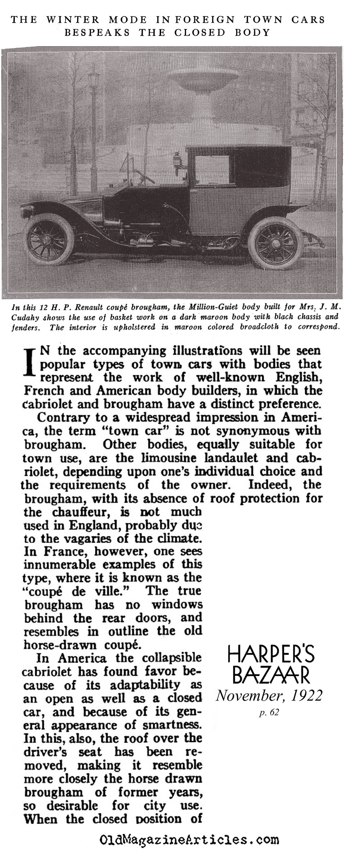 The Town Cars of 1922 (Harper's Bazaar Magazine, 1922)