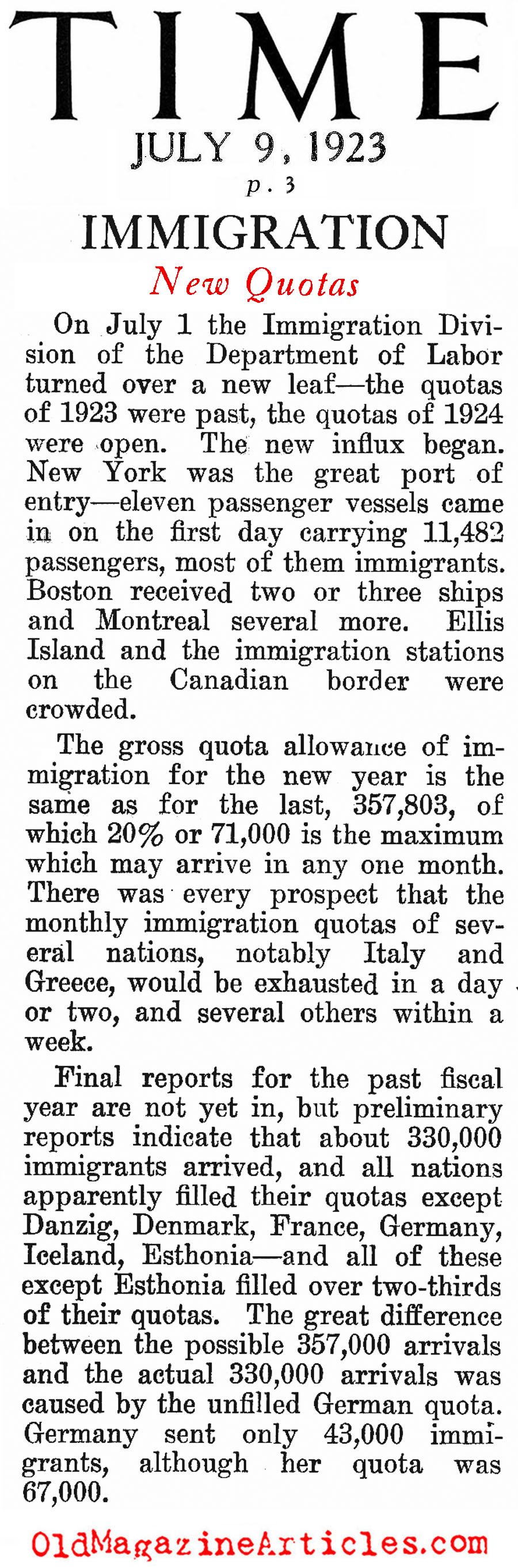 Quotas in 1923 Immigration (Time Magazine, 1923)