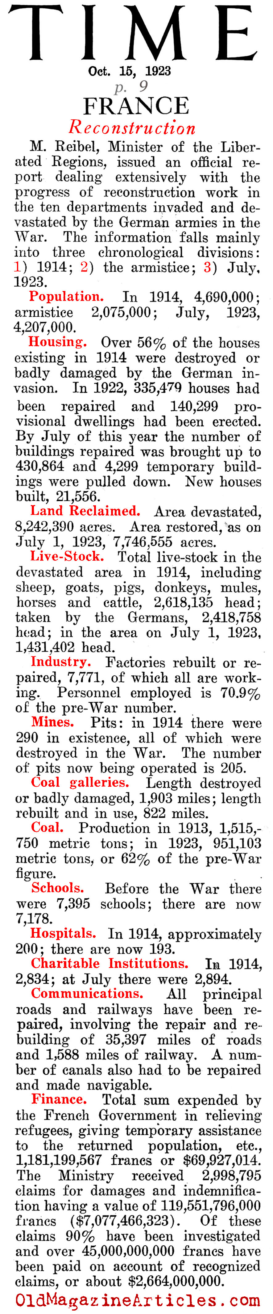 The Damage to The Occupied Areas of France, (Time Magazine, 1923)
