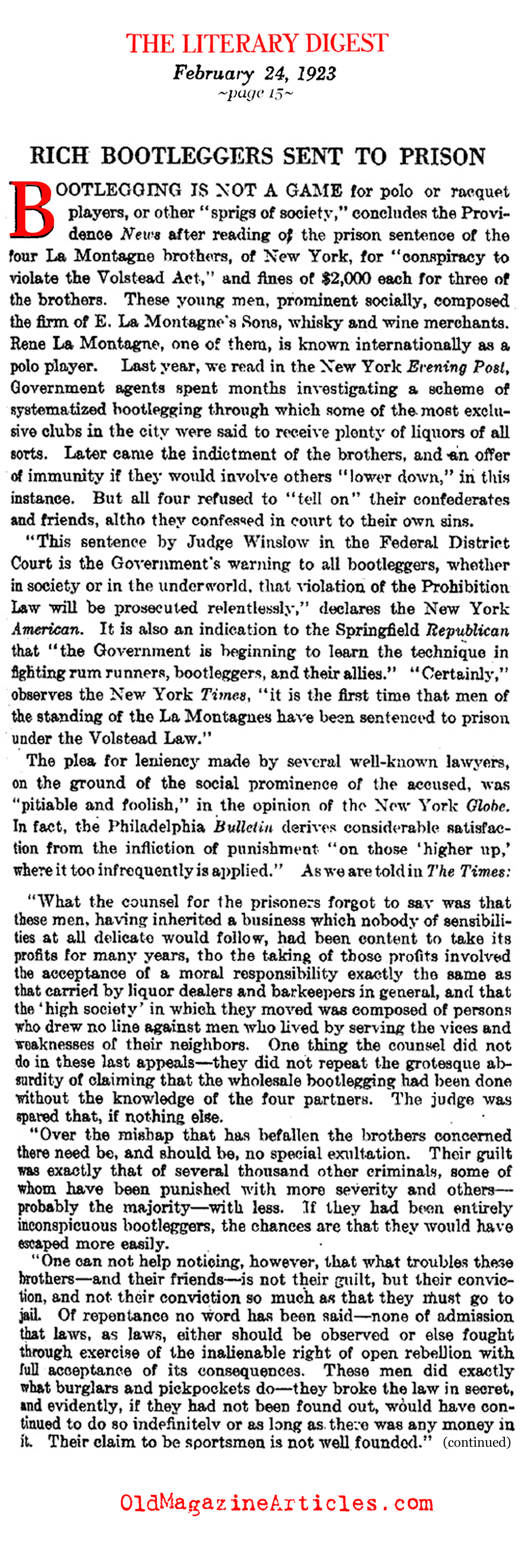 Upper-Class Bootleggers Arrested (Literary Digest, 1923)