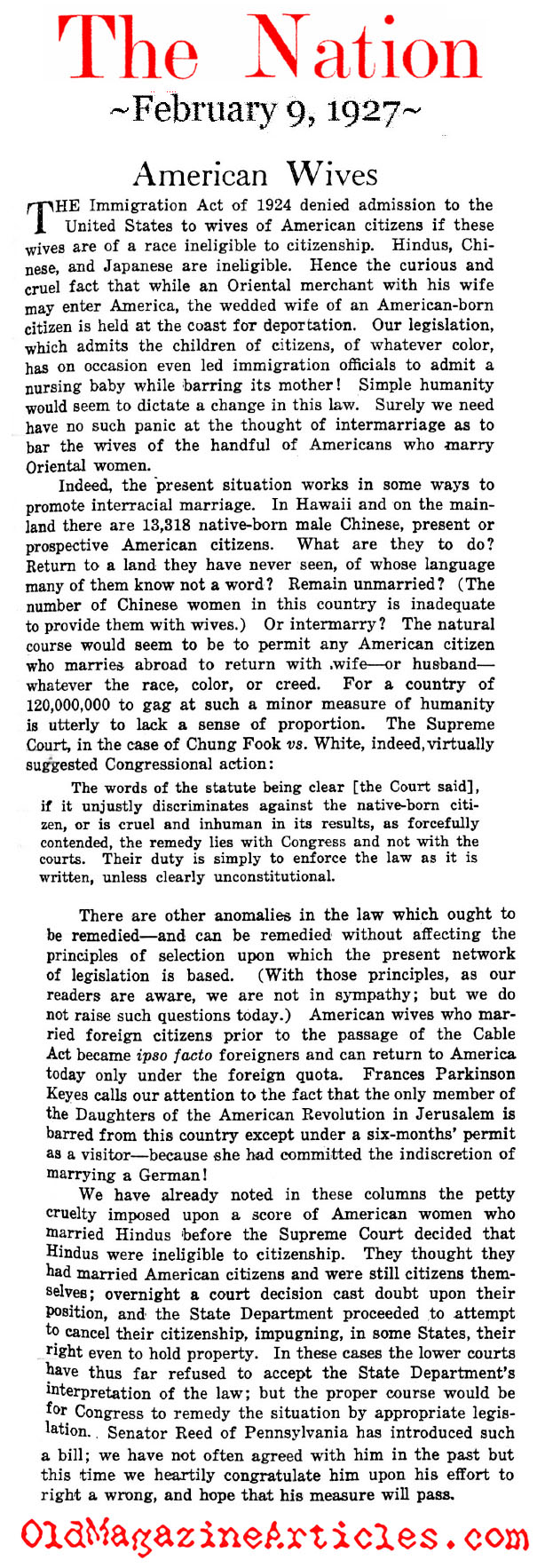 The Anti-Asian Immigration Laws of 1924 (The Nation, 1927)