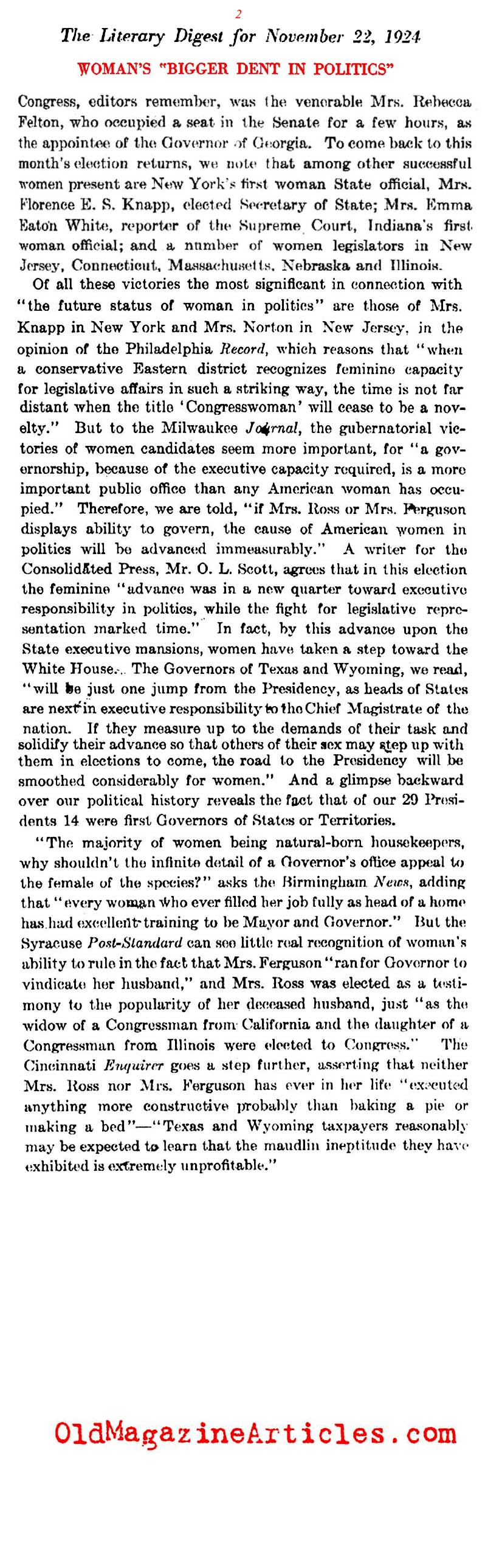 Women Candidates Win Higher Offices (The Literary Digest, 1924)