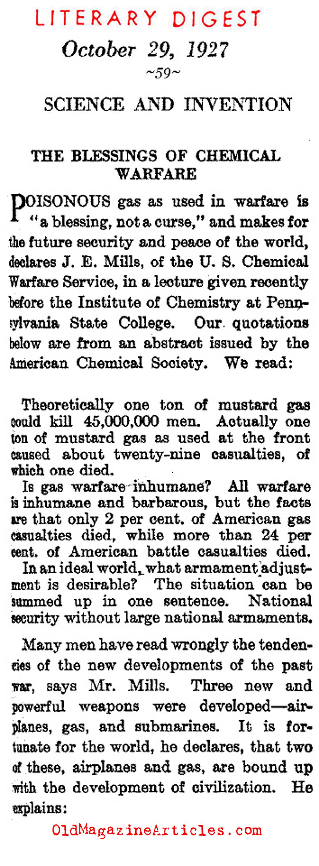 The Blessings of Poison Gas (Literary Digest, 1927)