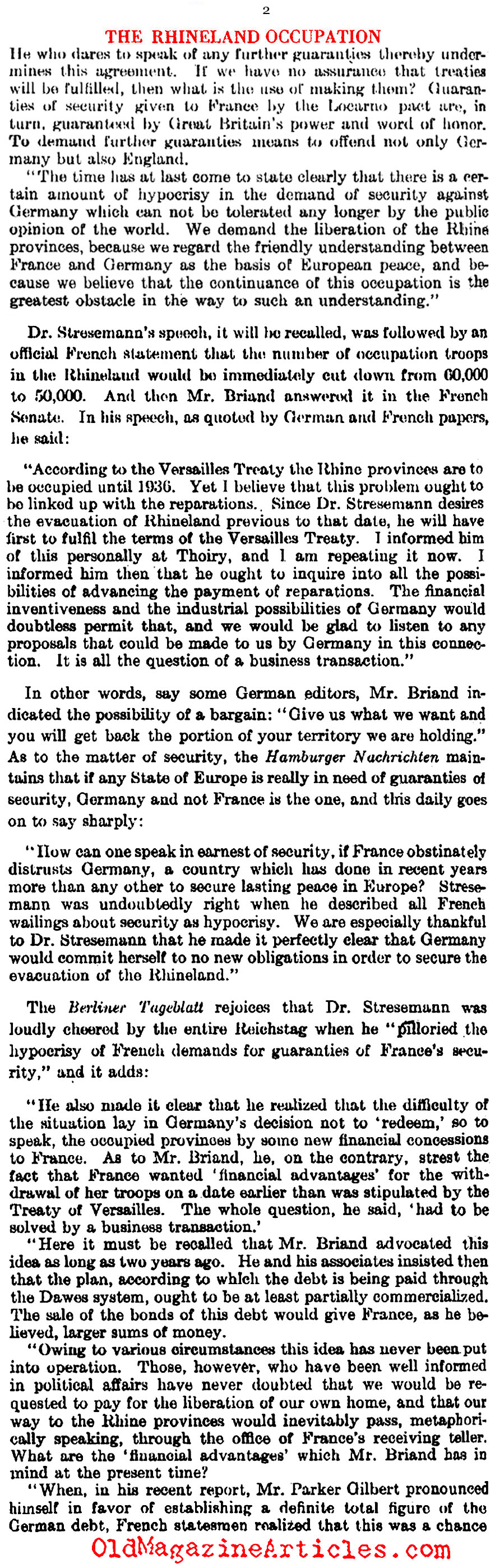 The Ongoing French Occupation of Germany (Literary Digest, 1928)