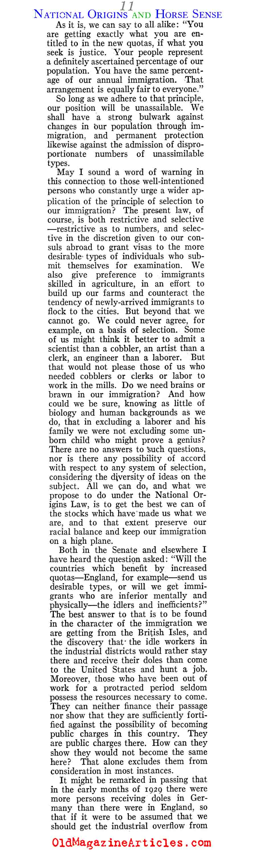 The Blessings of the 1924 Immigration Bill (American Legion Monthly, 1929)