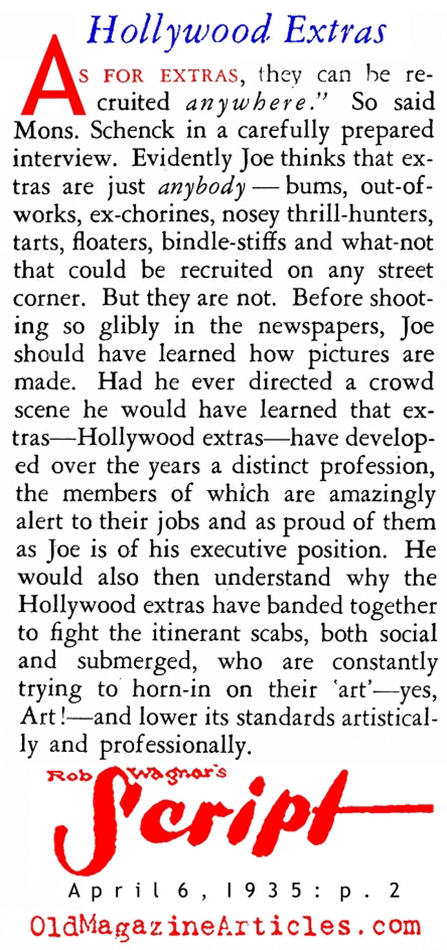 ''Extras Are <i>Anybody</i>'' (Rob Wagner's Script, 1935)