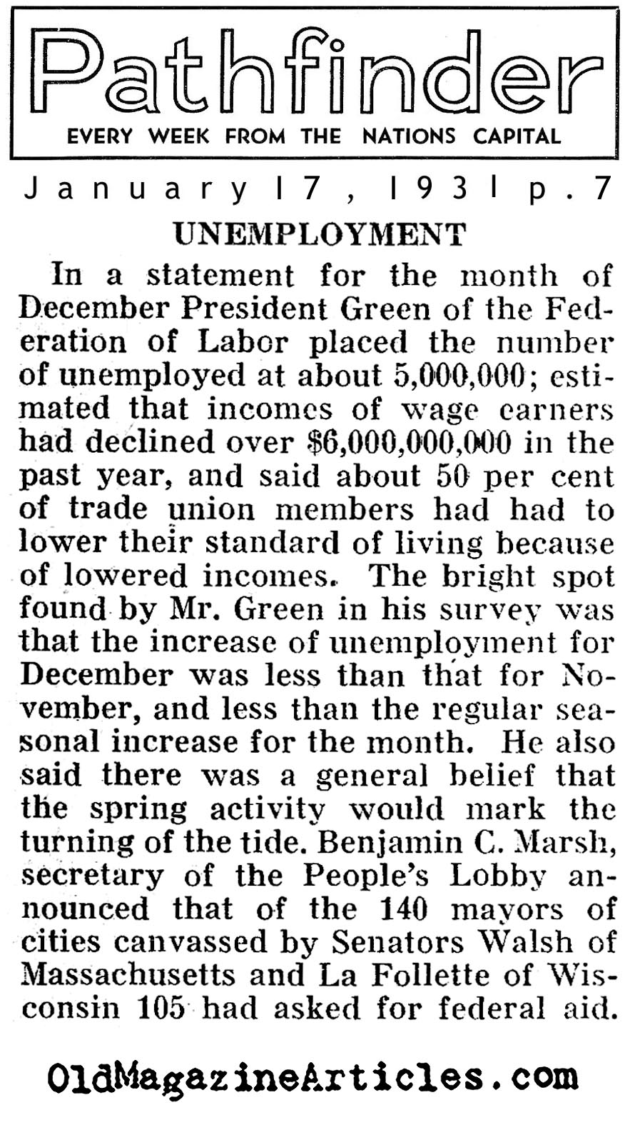 Unemployment Data for 1930 (Pathfinder Magazine,1930)