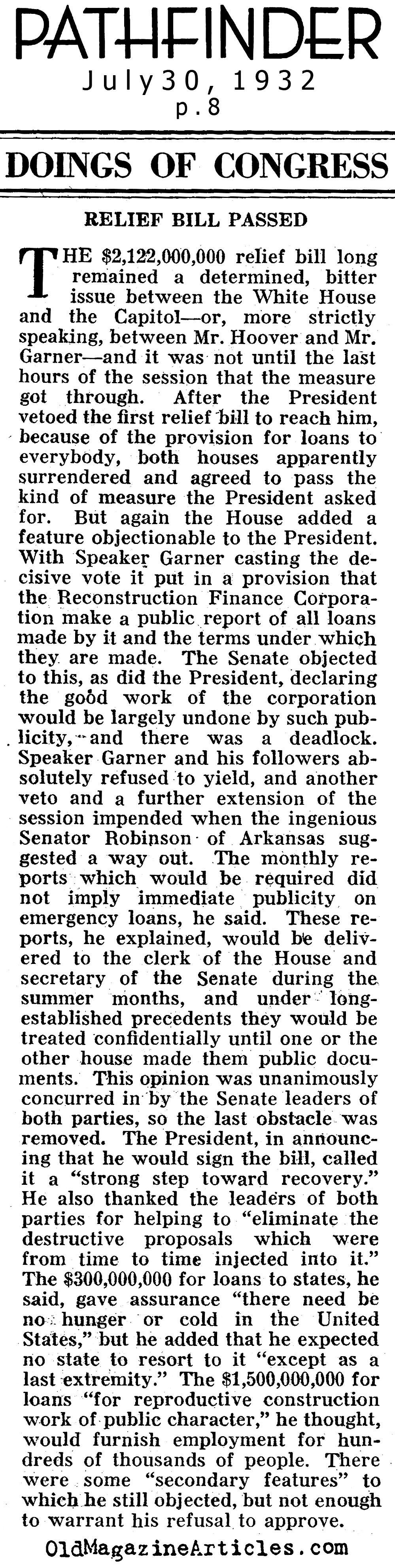 Relief Bill Passed by Congress (Pathfinder Magazine, 1932)