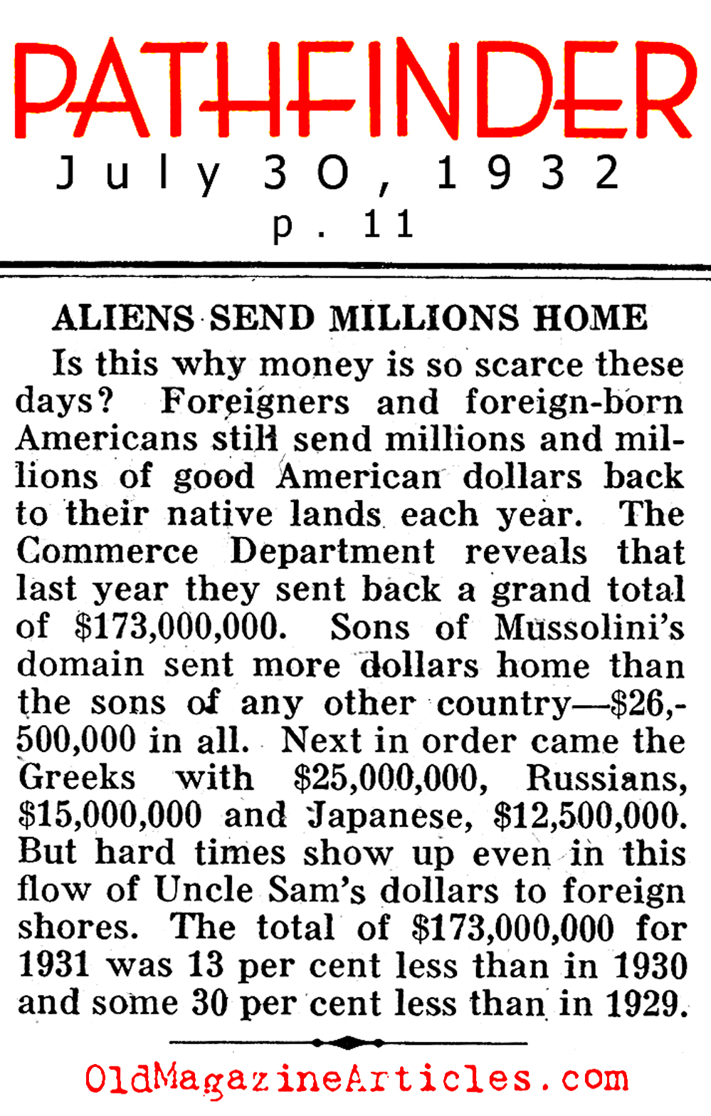 Badly Needed Dollars Shipped Overseas... (Pathfinder Magazine, 1932)