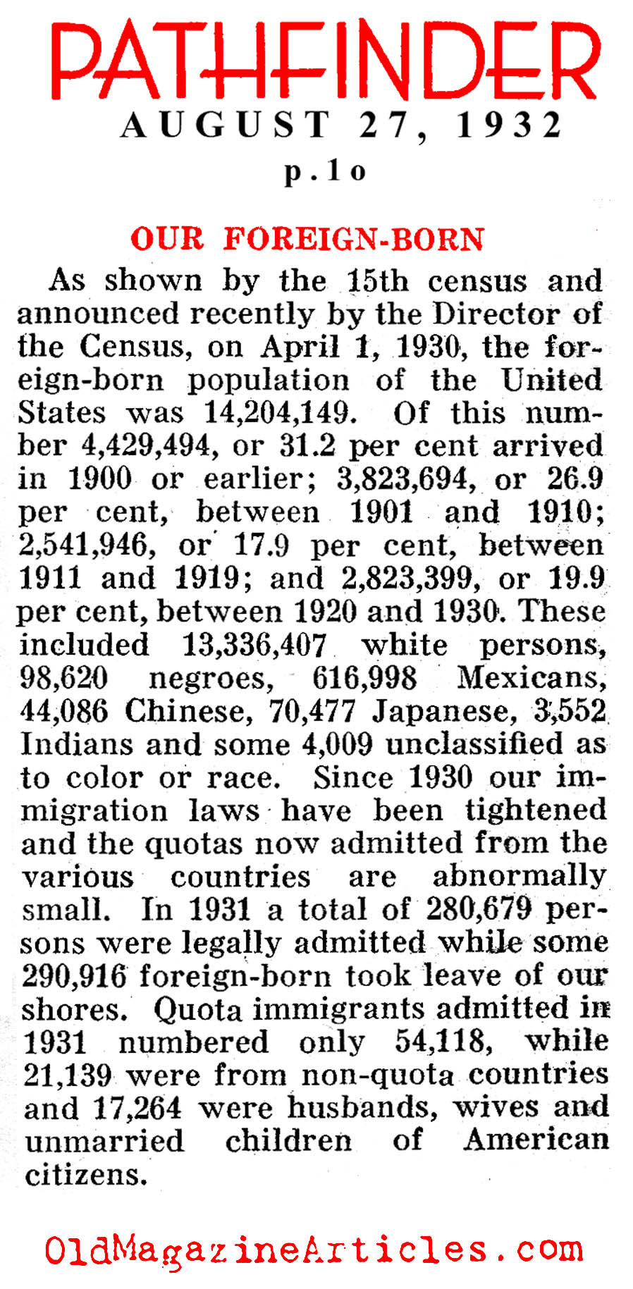 The Foreign-Born Population in the Early '30s (Pathfinder Magazine, 1932)