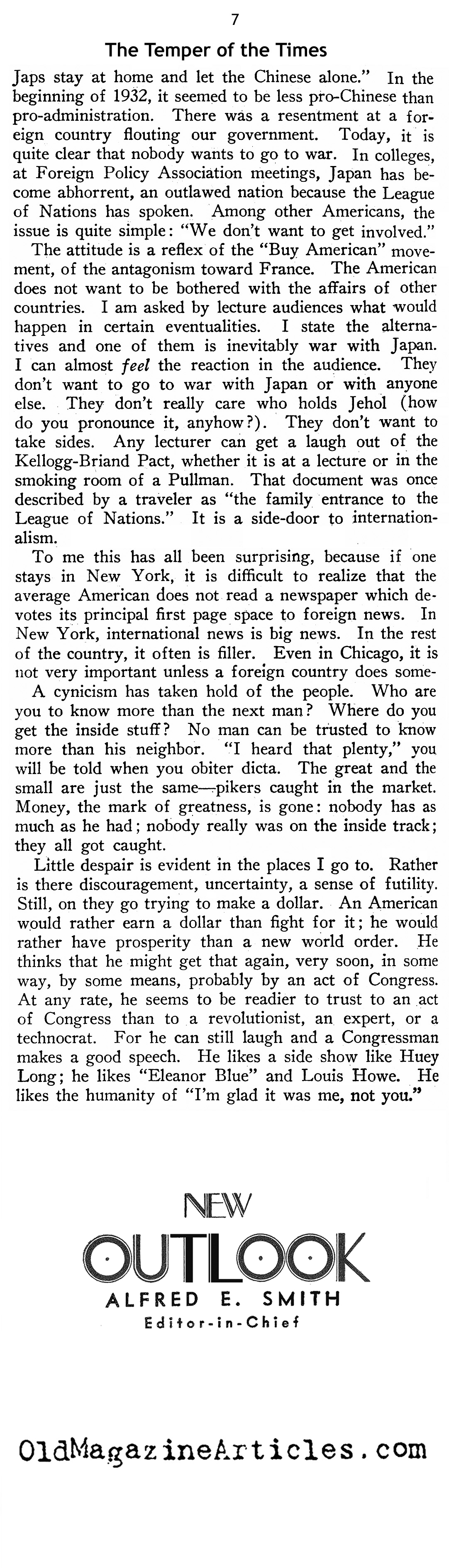 The Temper of the Times (New Outlook Magazine, 1933)