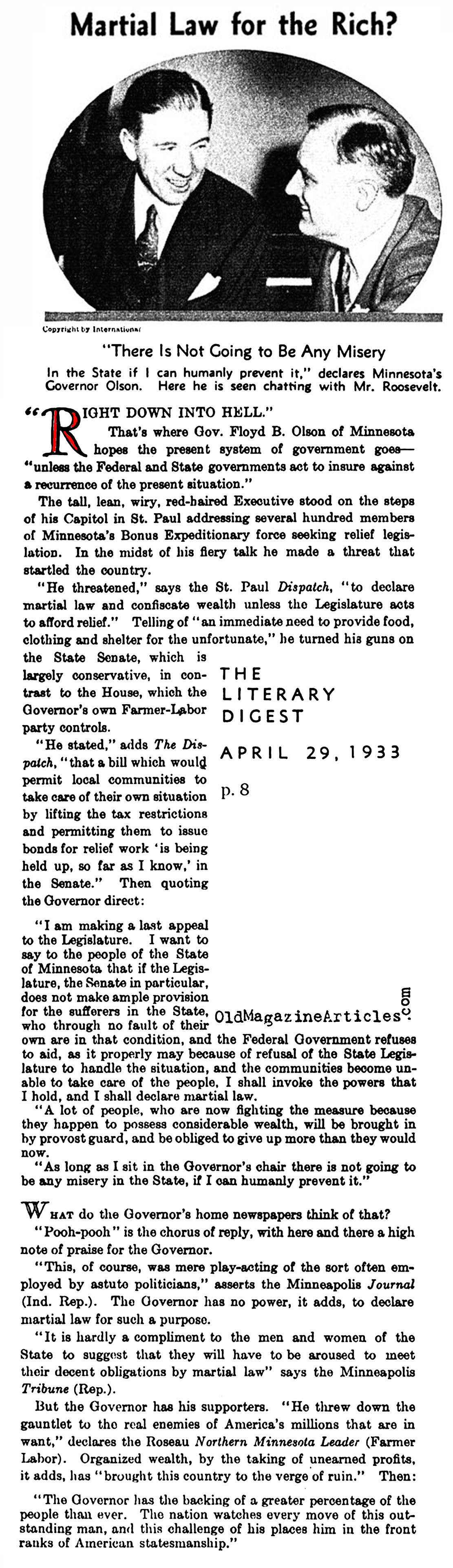 The Governor Who Threatened Martial Law (Literary Digest, 1933)