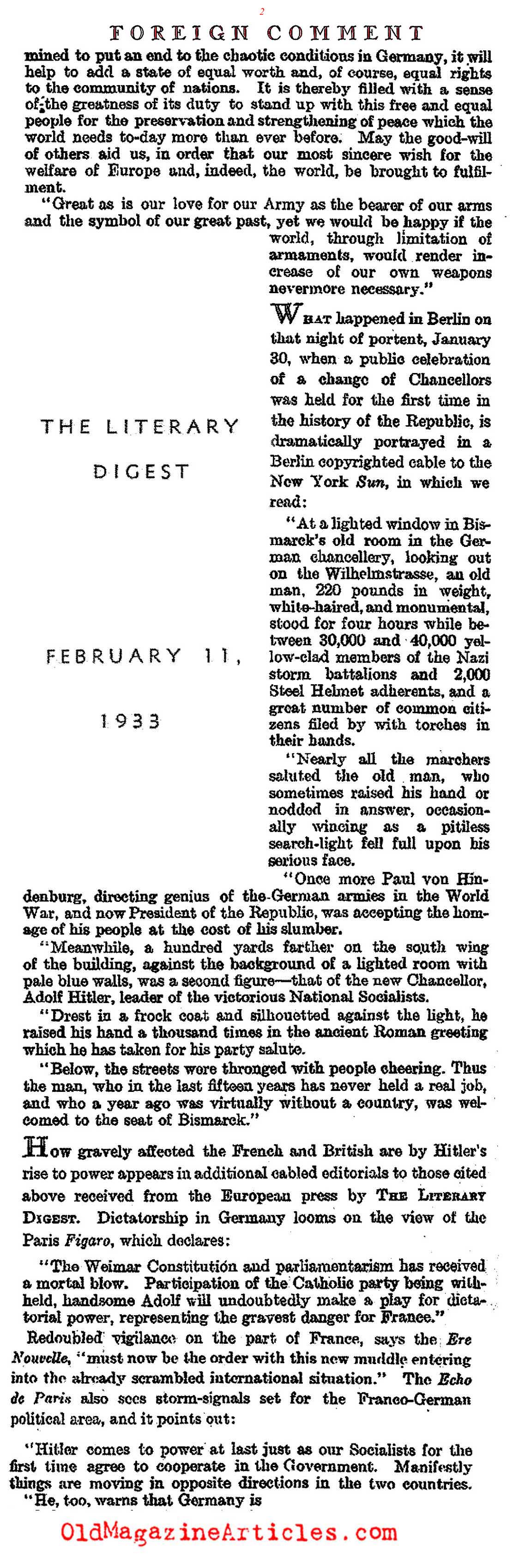 1933: Hitler Comes to Power (Literary Digest, 1933)