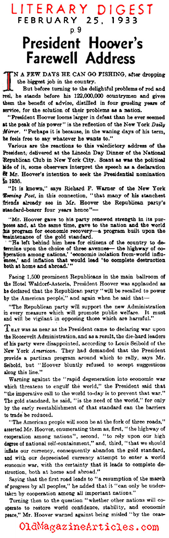 President Hoover's Farewell Address (Literary Digest, 1933)