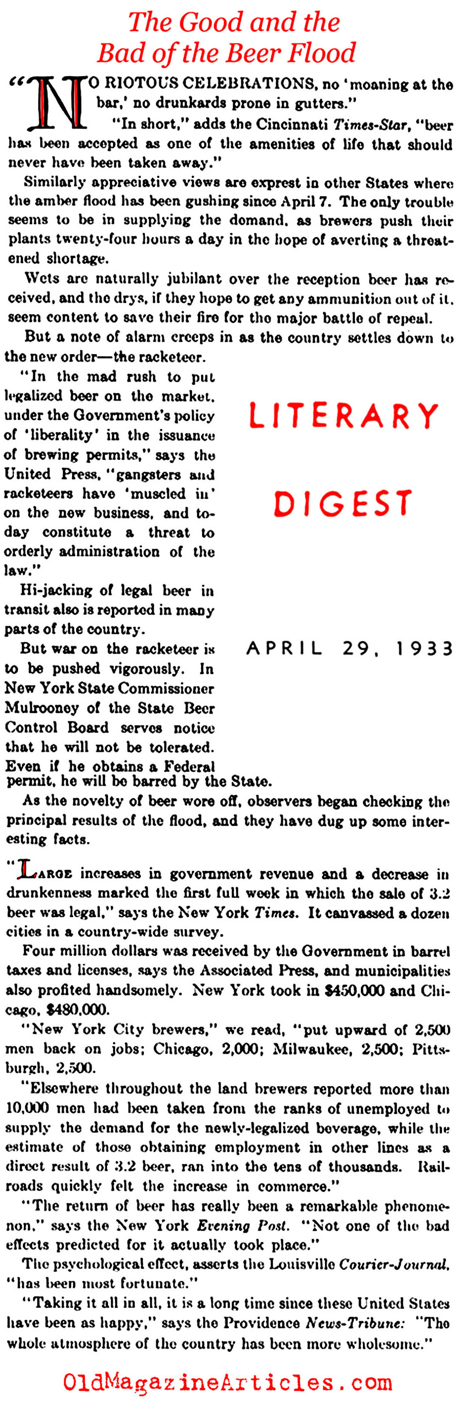 Beer Flowed the Week Prohibition Ended (Literary Digest, 1933)