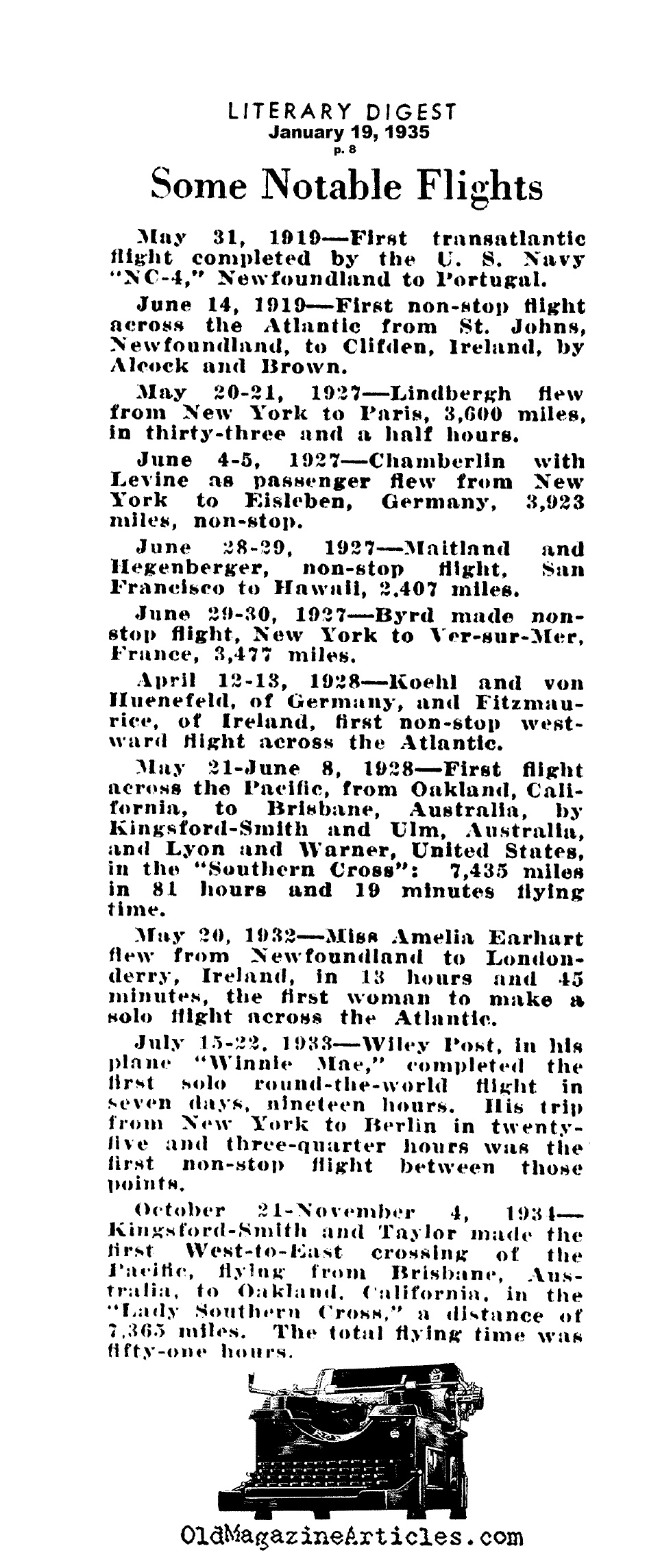Notable Flights 1919 - 1931 (the Literary Digest, 1935)