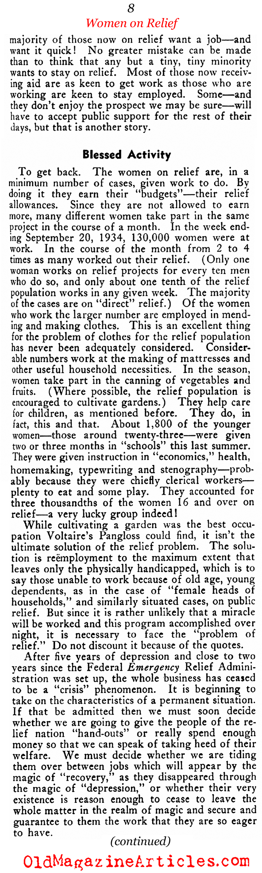 Women on the Relief Rolls (New Outlook Magazine, 1935)