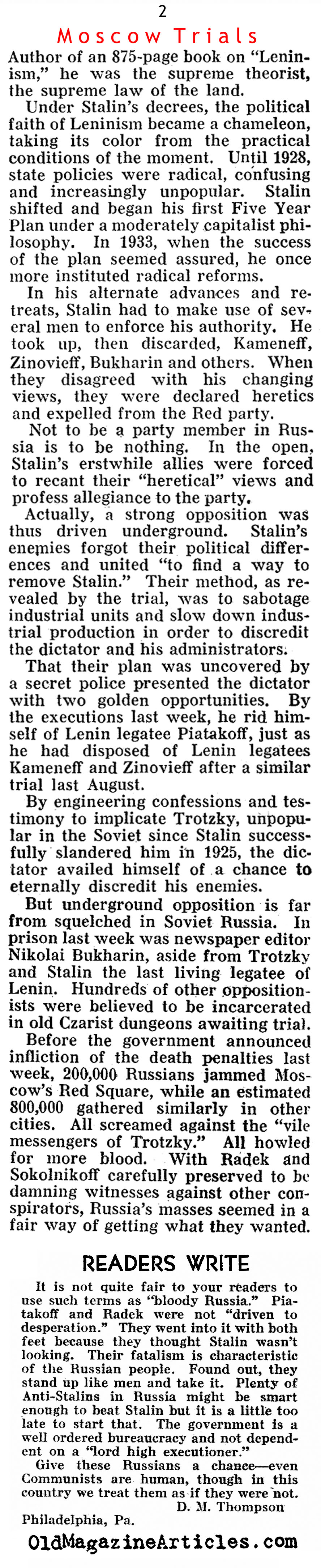 The Moscow Show Trials Continue (Pathfinder Magazine, 1937)