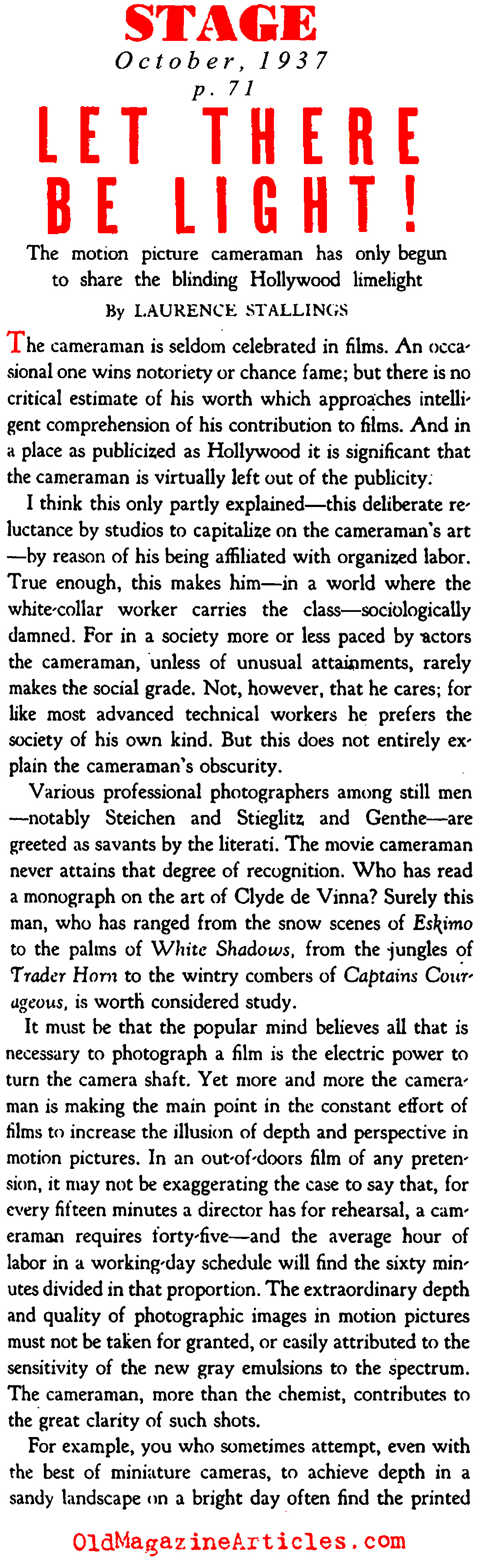 When Prestige was Thrust Upon Hollywood's ''Cameramen'' (Stage Magazine, 1937)