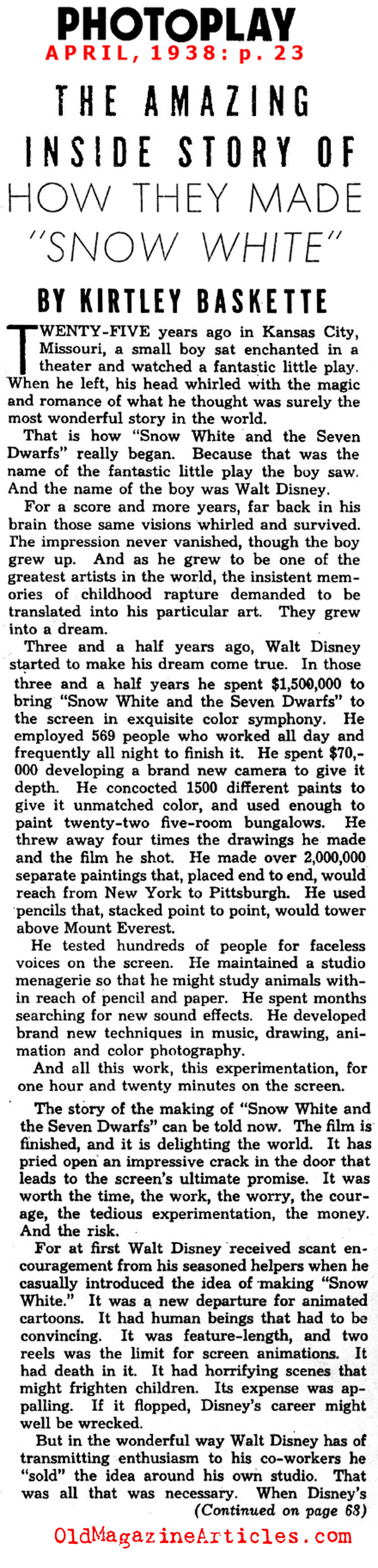 The Making of <i>Snow White and the Seven Dwarfs</i> (Photoplay Magazine, 1938)