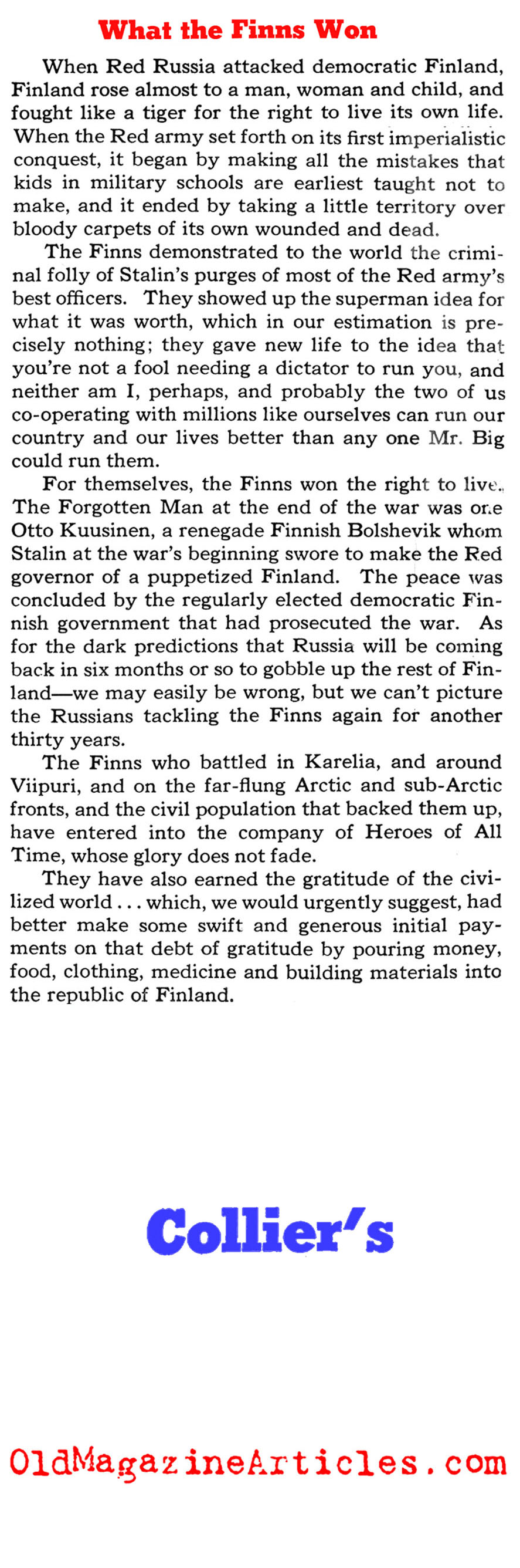 ''What the Finns Won''<BR> (Collier's Magazine, 1940)