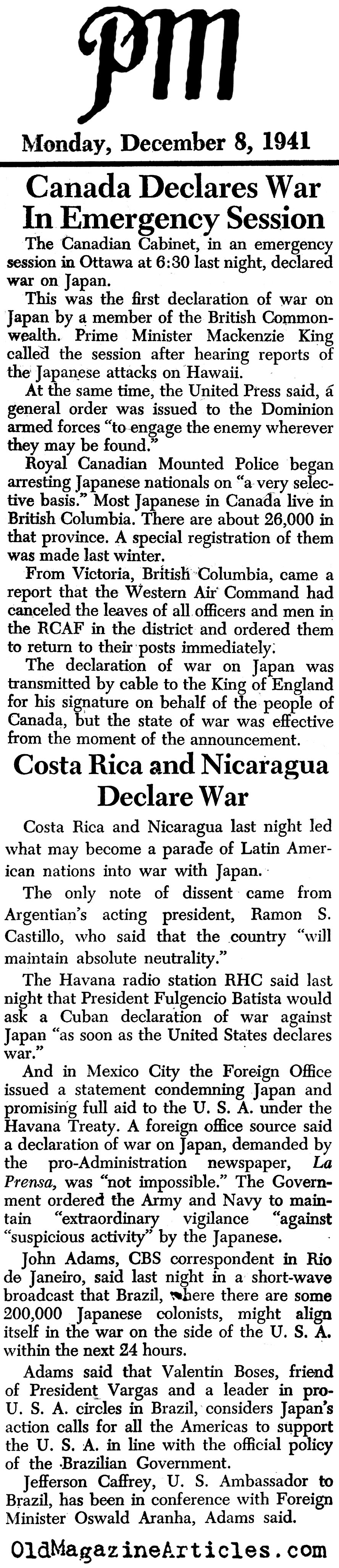 America's Hemispheric Allies Declare War Before FDR (PM Tabloid, 1941) 