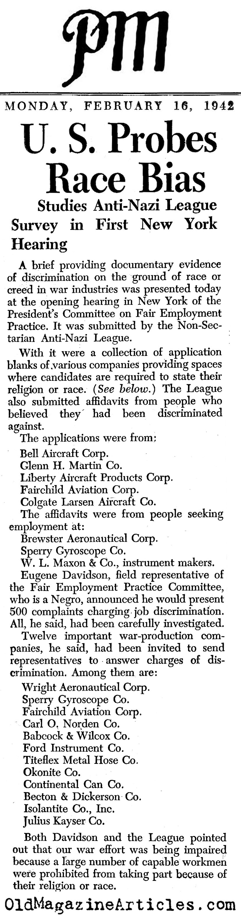Fair Employment Laws Enforced (PM Tabloid, 1942)