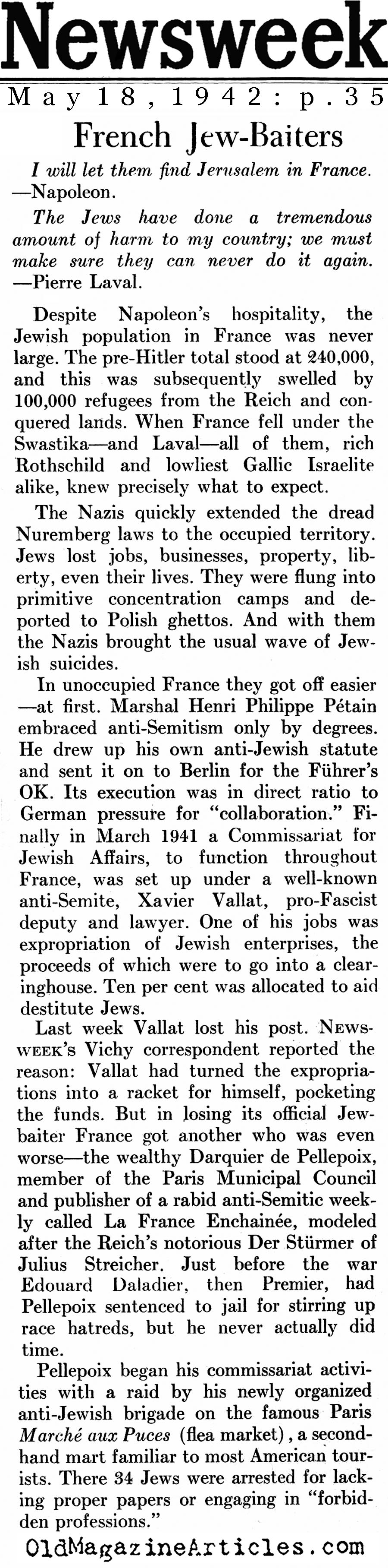 The Betrayal of French Jewry (Newsweek Magazine, 1942)