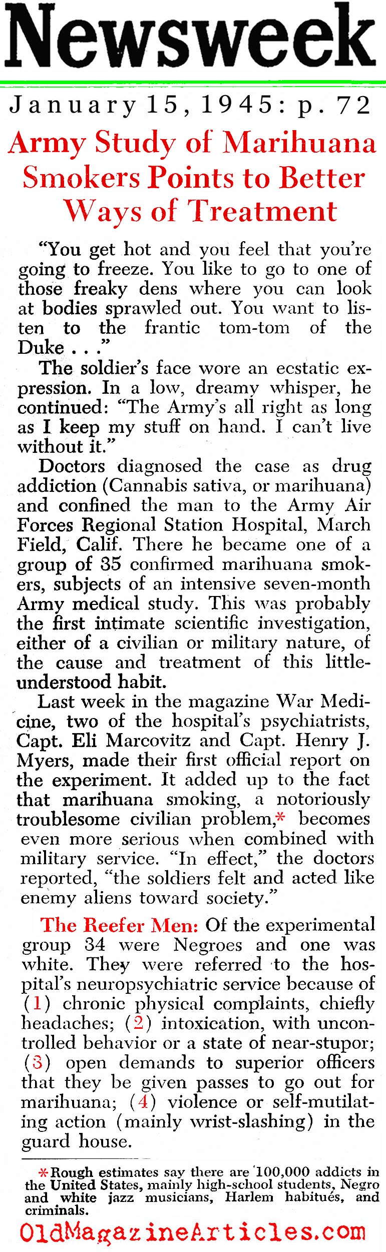 The U.S. Army's Cannabis Study (Newesweek Magazine, 1945)