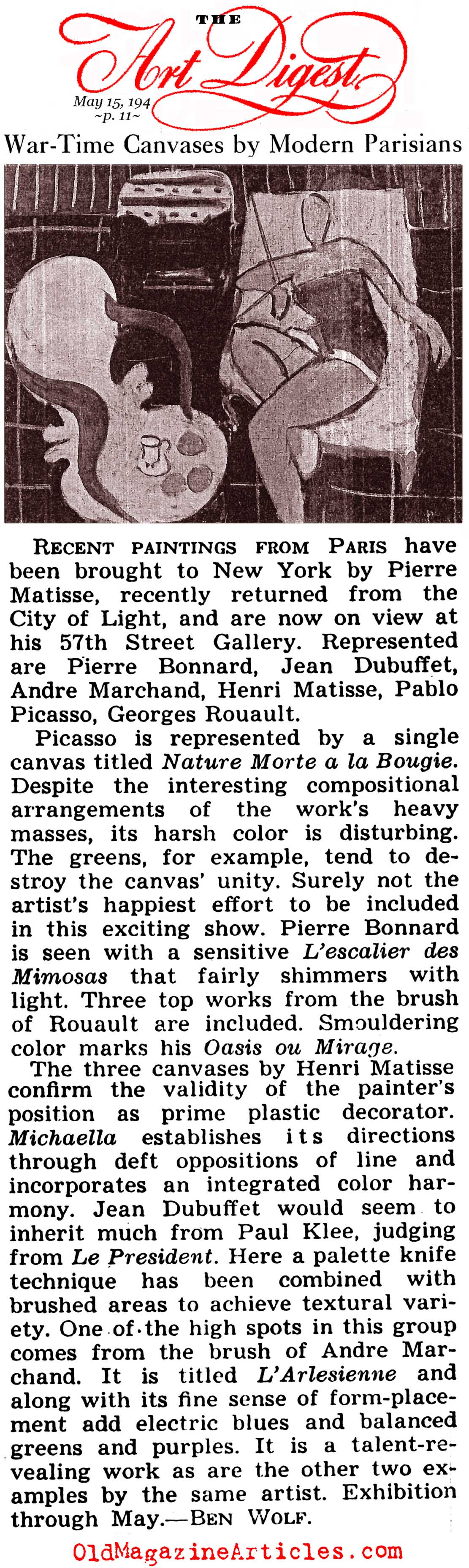 The First N.Y. Exhibit of Paris Art Made During the Occupation (Art Digest Magazine, 1946)