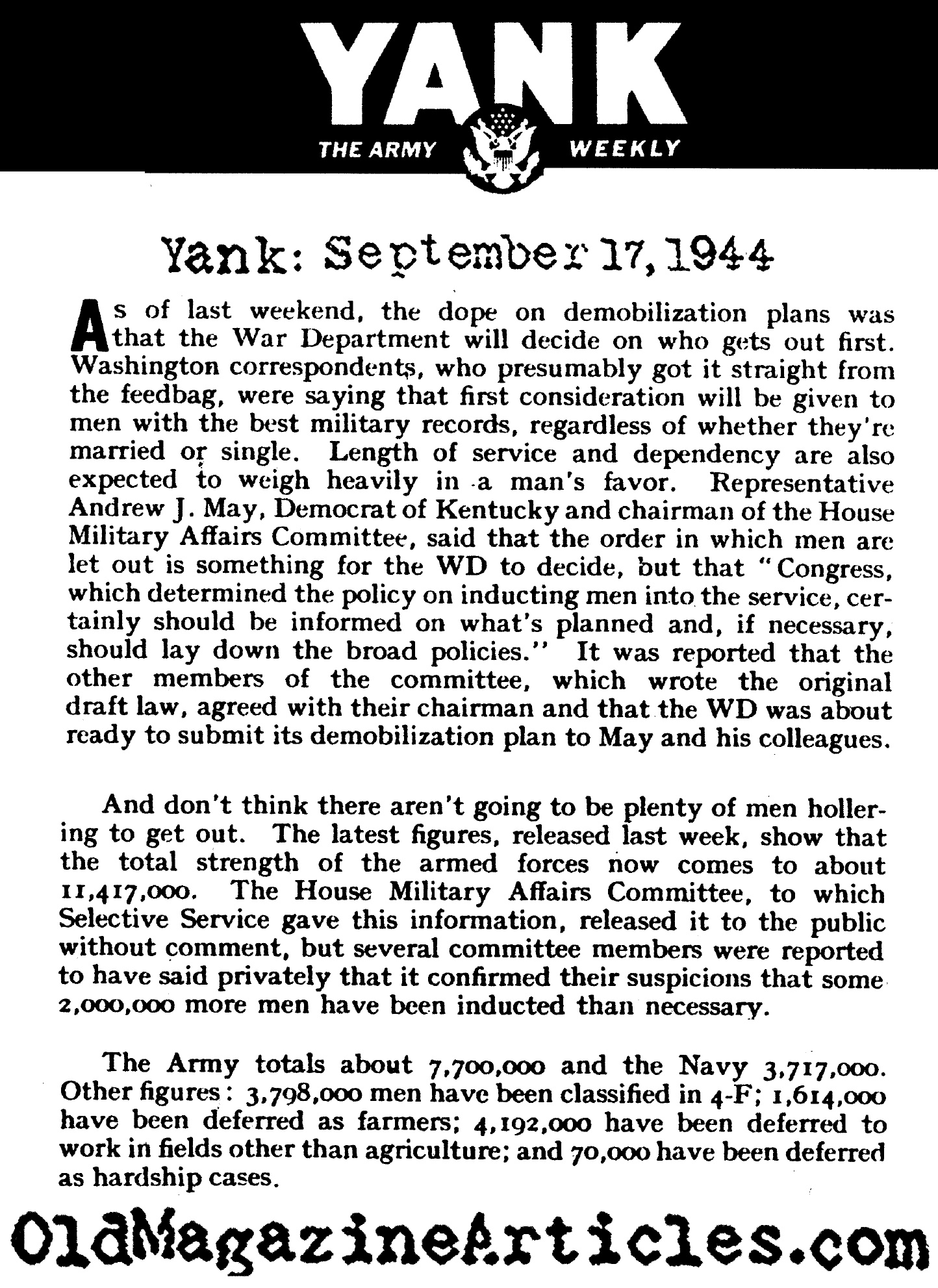 1944 Army Statistcs  (Yank Magazine, 1944)