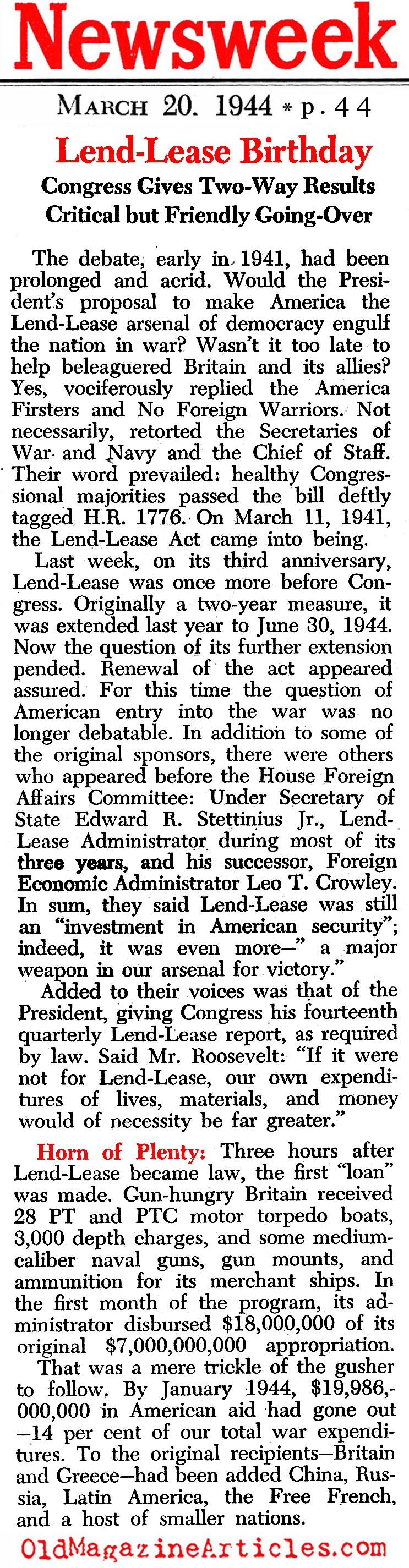 Highlights of the Lend-Lease Act (Newsweek Magazine, 1944)