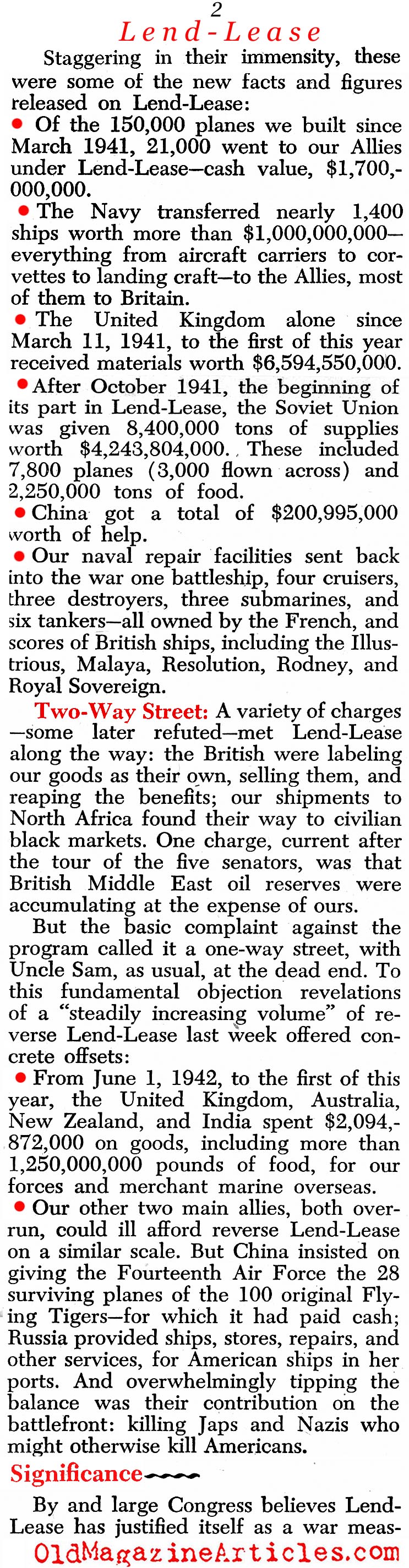 Highlights of the Lend-Lease Act (Newsweek Magazine, 1944)