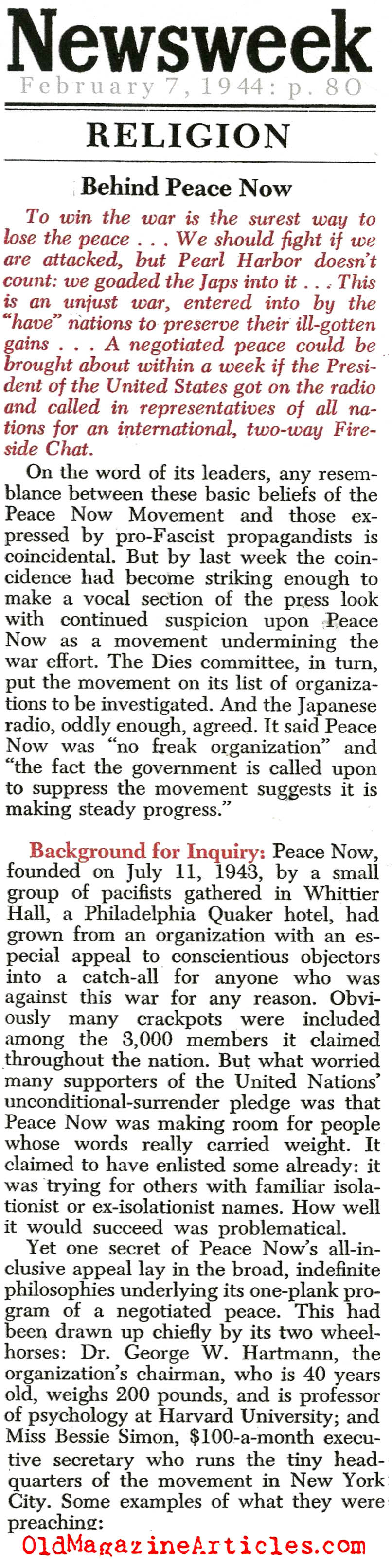 A Failed Peace Movement (Newsweek Magazine, 1944)