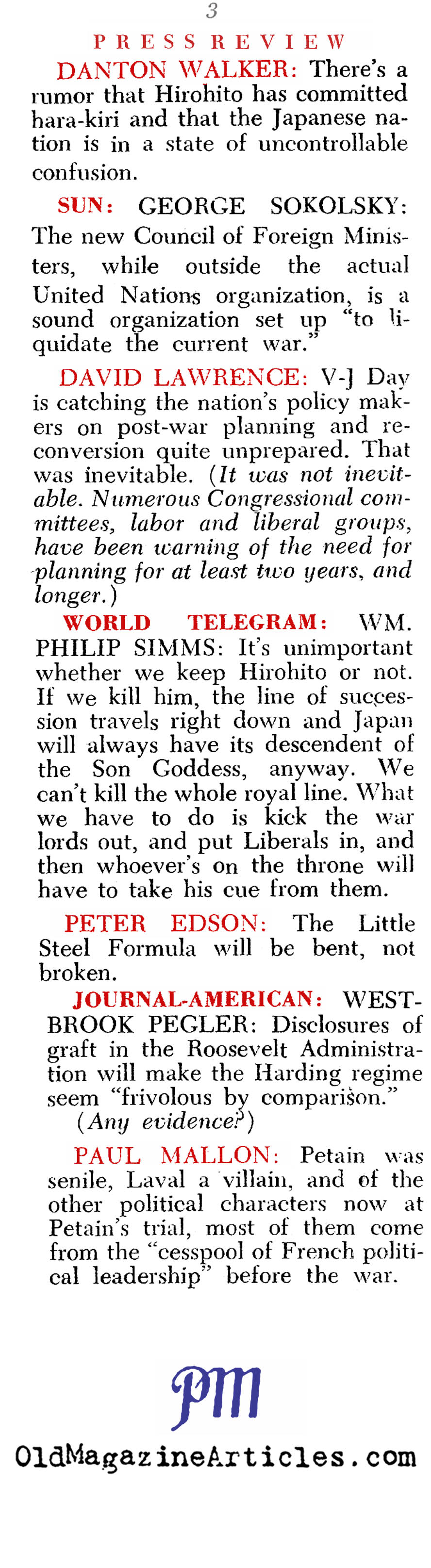 Press Reviews from Coast to Coast (PM Tabloid,1945)