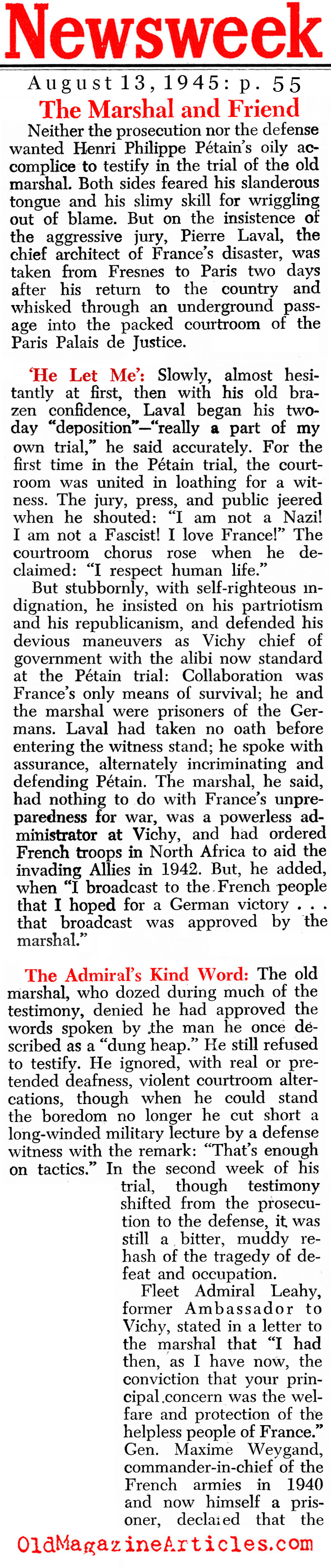 Laval Testifies in the Petain Trial (Newsweek Magazine, 1945)