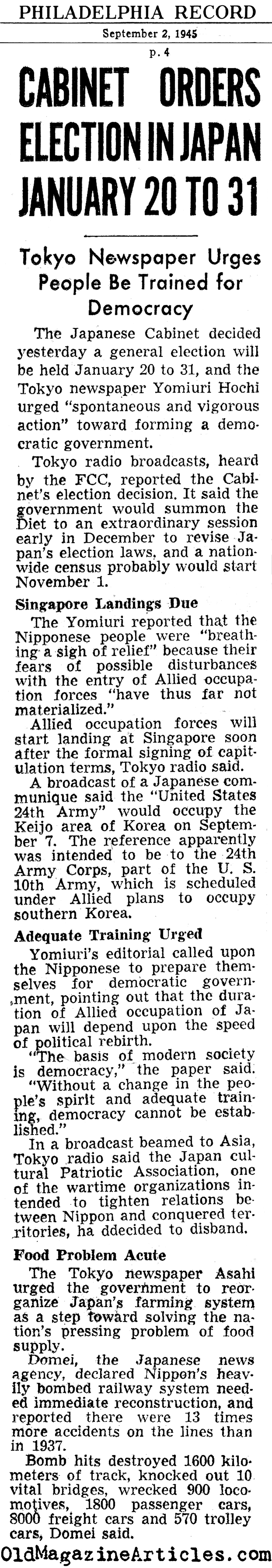 First Election Planned for Post-Fascist Japan (Philadelphia Record, 1945)
